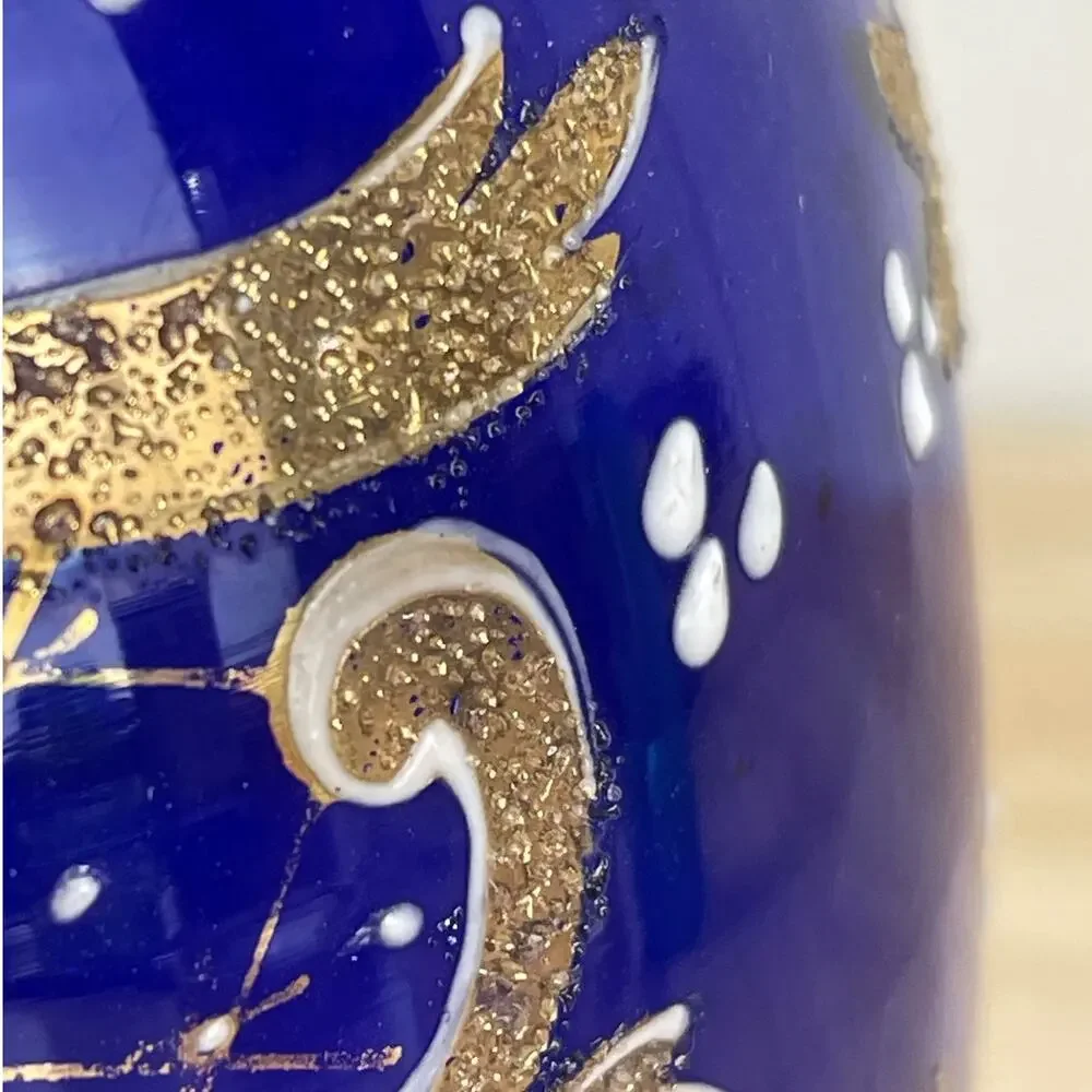 Vintage Signed Moser Art Glass Cobalt Blue Vase Gold Gilt Good Condition